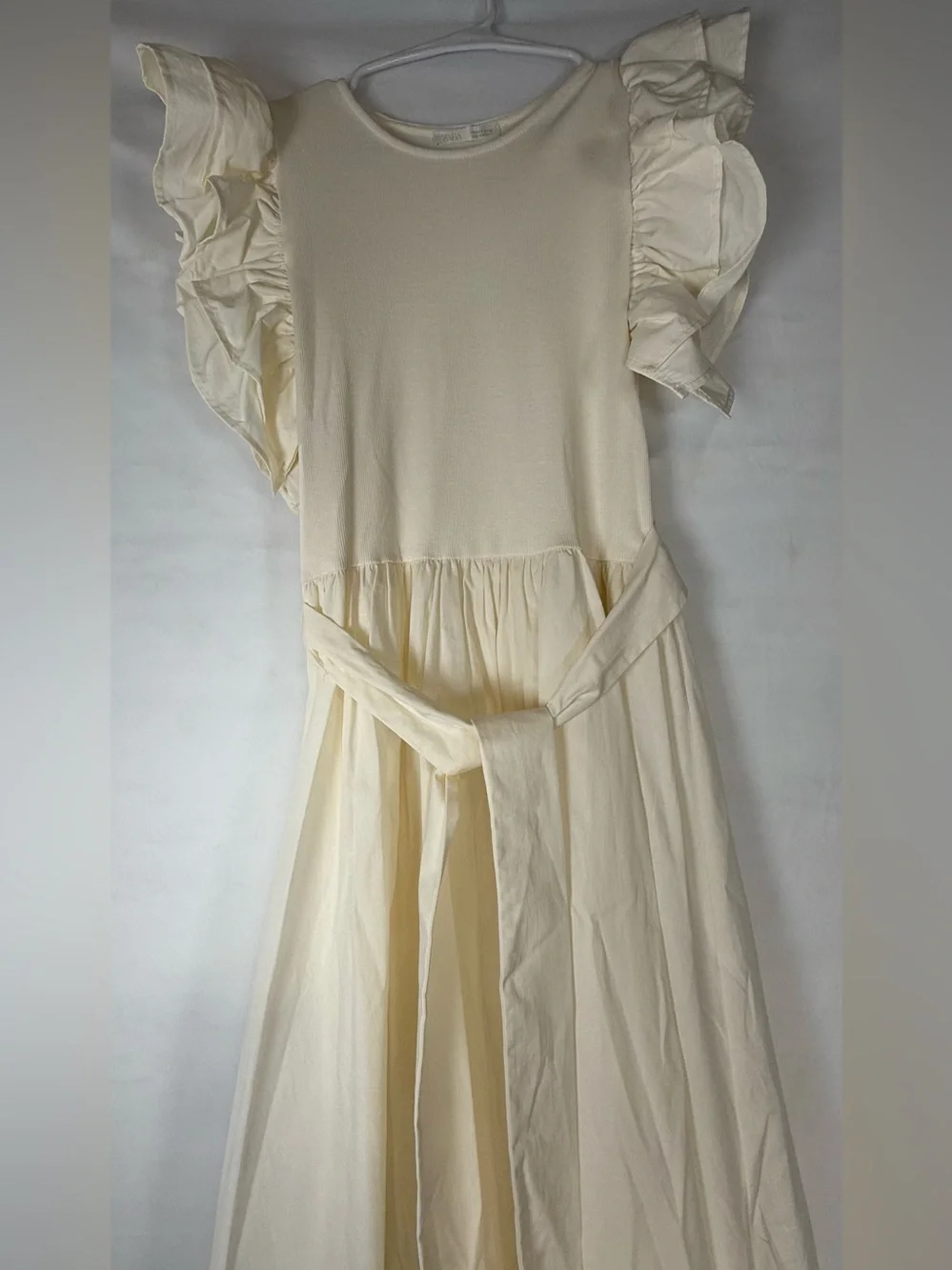 NWOT Zara Cream Ruffle-Sleeve Midi Dress with Waist Tie - Picture 3 of 10